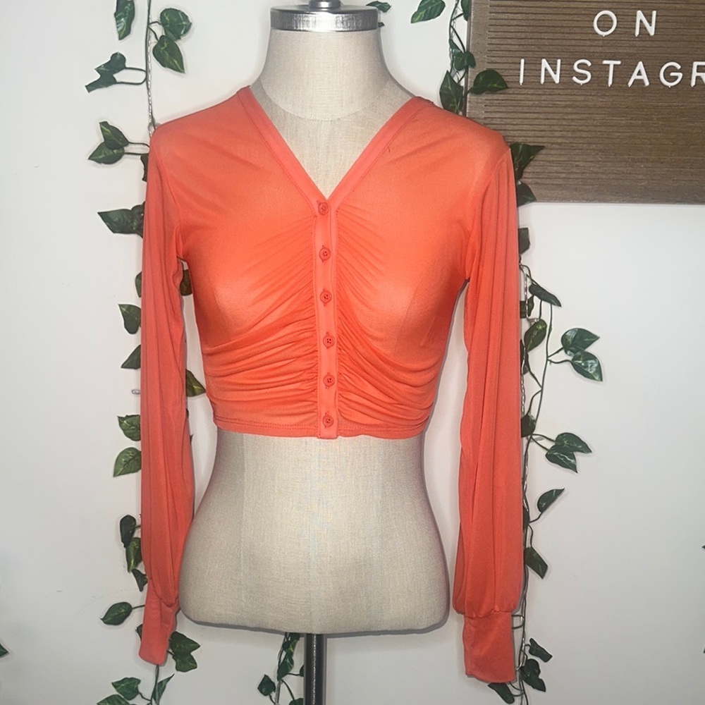 Urban Outfitters Long Sleeve Ruched Mesh Button Up Blouse